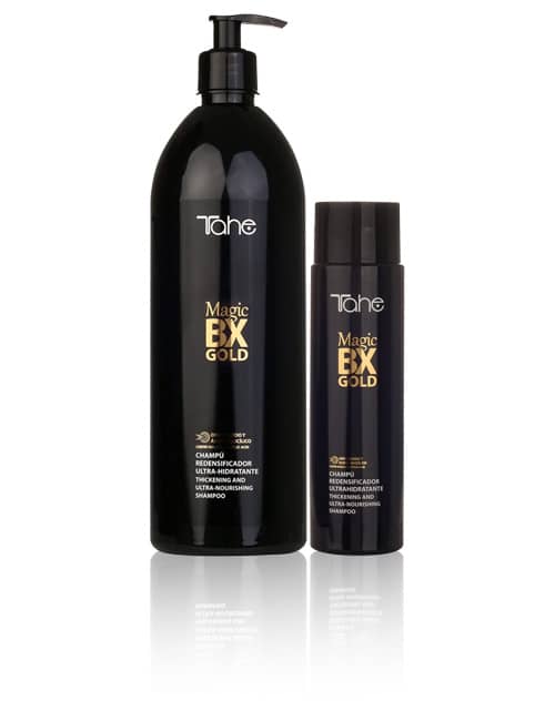 Tahe Magic Bx Gold shampoo redensificador para todo tipo de cabellos finos de 300 ml y 1.000 ml.
