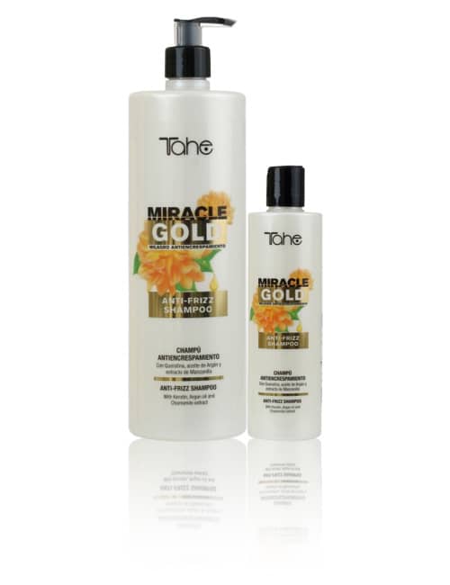 Tahe Miracle Gold Champú Anti-Frizz para cabellos rebeldes de 300 y 1.000 ml.