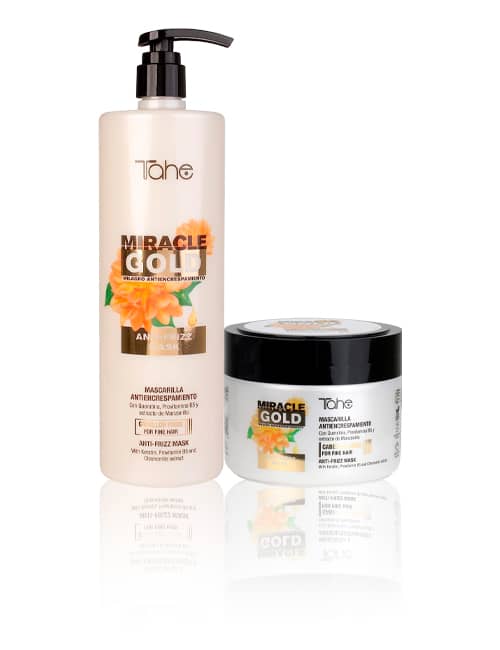Tahe Miracle Gold Champú Anti-Frizz para cabellos rebeldes de 300 y 1.000 ml.